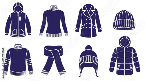 Comprehensive collection of essential winter clothing and outerwear icons, featuring warm jackets, cozy sweaters, knit hats, and scarves, ideal for cold weather apparel designs 