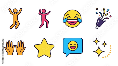 Vibrant collection of celebration and happiness vector icons, featuring dancing figures, cheerful emojis, a star, and party elements for joy and fun