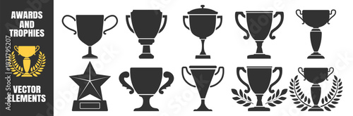 Trophy award collection, gold winner cups, champion celebration symbols, sport achievement icons, prize ceremony badges, premium victory design set on transparent background