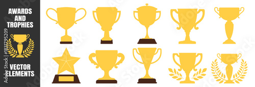 Trophy award collection, gold winner cups, champion celebration symbols, sport achievement icons, prize ceremony badges, premium victory design set on transparent background