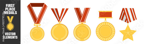 Medal award collection, winner champion icons, victory star badges, sport achievement symbols, prize ribbon wreath set, classic honor design illustration on transparent background