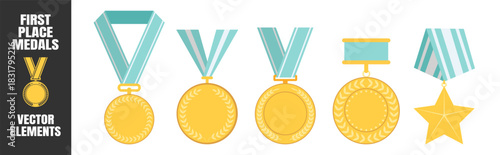 Medal award collection, gold winner symbols with laurels and star badges, champion victory prize set, classic sport achievement design illustration on transparent background