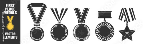 Medal award collection, gold winner symbols with laurels and star badges, champion victory prize set, classic sport achievement design illustration on transparent background