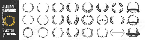 Laurel wreath award collection, classic victory frames with stars and branches, premium selection emblem design set illustration on transparent background