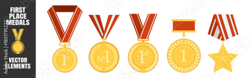 Medal award collection, winner champion icons, victory star badges, sport achievement symbols, prize ribbon wreath set, classic honor design illustration on transparent background