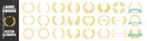 Laurel wreath award collection, classic victory frames with stars and branches, premium selection emblem design set illustration on transparent background