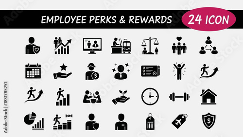 Comprehensive collection of modern employee benefits and rewards icons, representing corporate growth, human resources, staff recognition, and workplace development strategies in a clear visual format