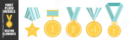 Medal award collection, gold winner symbols with laurels and star badges, champion victory prize set, classic sport achievement design illustration on transparent background