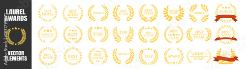 Laurel wreath award collection, winner and best champion badges, classic victory symbols, premium achievement emblems, movie artist actor team design set illustration on transparent background