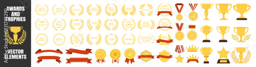 Award trophies, medals, laurel wreaths, crowns, stars, prize ribbons and achievement symbols, premium golden celebration elements, victory and winner icons on transparent background