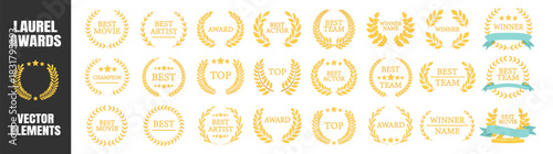 Award winner wreath collection, best champion labels with laurels, classic cinema and film emblem design set with stars and branches illustration on transparent background