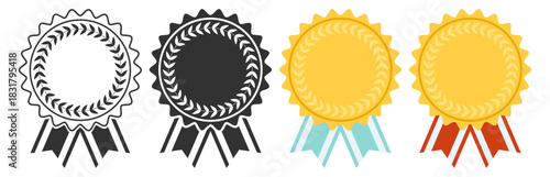 Medal award badge collection, classic victory wreath emblems with stars and ribbons, premium gold seal design set illustration on transparent background