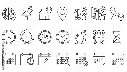 A comprehensive vector line icon set for time management, scheduling, and location tracking, featuring clocks, calendars, and map symbols