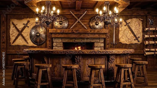 Wallpaper Mural Rustic Medieval Tavern Interior with Wooden Bar and Fireplace. Torontodigital.ca