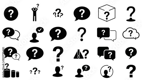 Extensive Vector Graphic Sheet of Question Mark Icons A Diverse Collection for Queries, Help, FAQs, and Communication Symbols in User Interface and Information Design