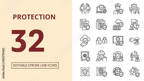 Comprehensive collection of modern line icons depicting digital security, data protection, and online privacy concepts for technology and business applications