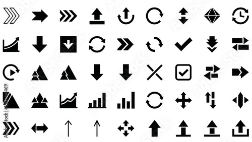 Versatile collection of essential vector icons for modern digital design and development projects, featuring universal user interface elements such as arrows, navigation, charts, and status indicators