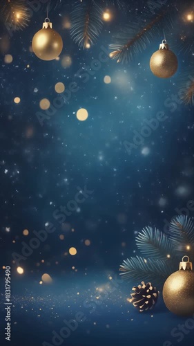 Golden christmas ornaments and pine branches on a dark blue background. Perfect for holidaythemed designs, greeting cards, or festive promotions.