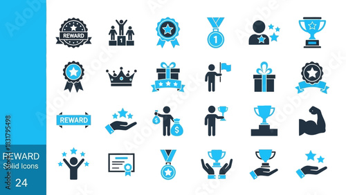 A versatile set of solid glyph icons representing rewards, achievements, success, and winner recognition