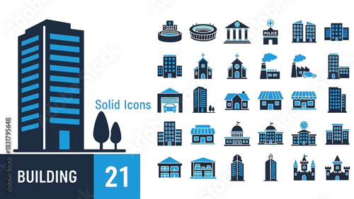 Vector collection of solid style building icons, featuring diverse architectural structures, urban properties, and public institutions for graphic and web design
