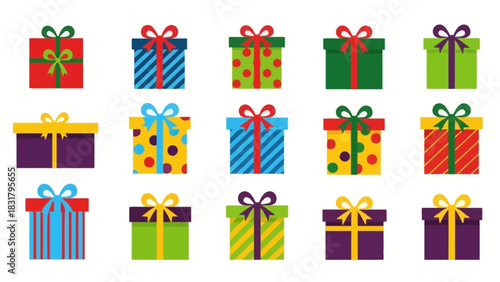 A colorful collection of vector gift box icons with ribbons and bows, isolated on a white background. Flat design present illustration set for holidays and celebrations