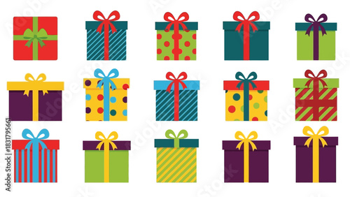 A colorful collection of gift box icons with ribbons and bows. A flat design vector sheet of present illustrations for birthdays and holidays