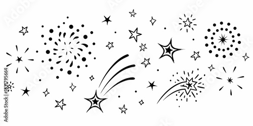 Hand drawn fireworks and stars doodle vector illustration