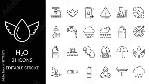 Versatile collection of water-themed vector line icons, ideal for illustrating hydration, sustainability, aquatic environments, and fluid dynamics in design projects