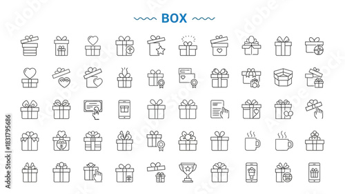 Versatile Vector Outline Icons Set of Gift Boxes and Presents for E-commerce, Shopping, Delivery, and Celebration Concepts – Perfect for Website UI, App Design, and Digital Marketing Assets