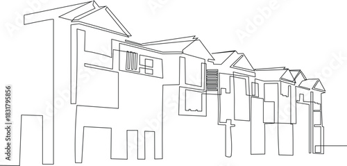 Continuous line drawing of residential buildings. Single line Minimalist style of residential building depicting architecture and real estate.  Vector illustration.