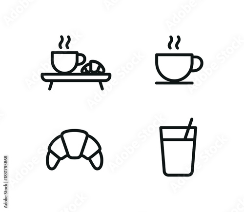 4 minimal icons breakfast tray black outline coffee cup black outline croissant black outline juice glass black outline