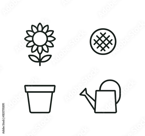 4 minimal icons sunflower black outline seed head black outline pot black outline watering can black outline