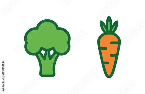 2 minimal icons broccoli colored green carrot colored orange