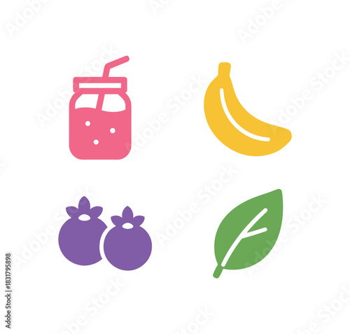 4 minimal icons smoothie jar colored pink banana colored berries colored purple leaf icon colored green