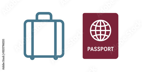 2 minimal icons suitcase colored blue passport colored burgundy
