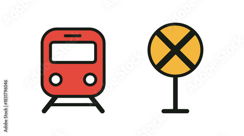2 minimal icons train colored red railway sign colored
