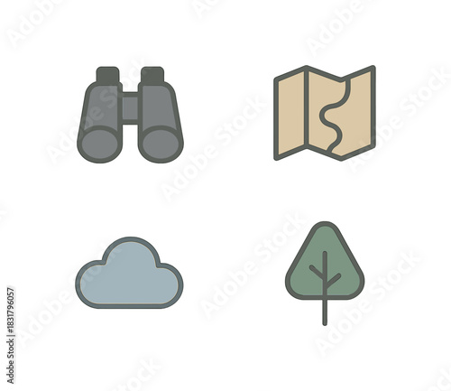4 minimal icons binoculars colored gray map colored beige cloud colored blue tree colored green