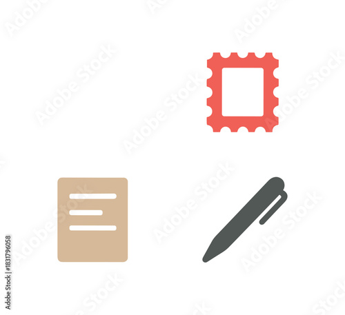 4 minimal icons envelope colored white stamp colored red letter colored beige pen colored dark gray