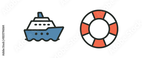2 minimal icons cruise ship colored white and blue lifesaver colored red and white