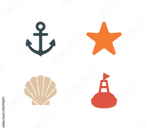 4 minimal icons anchor colored dark gray starfish colored orange colored beige buoy colored red