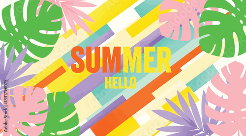 Vibrant summer greeting card design featuring colorful diagonal stripes and tropical monstera leaves in shades of green, pink, and purple, perfect for seasonal promotion or background