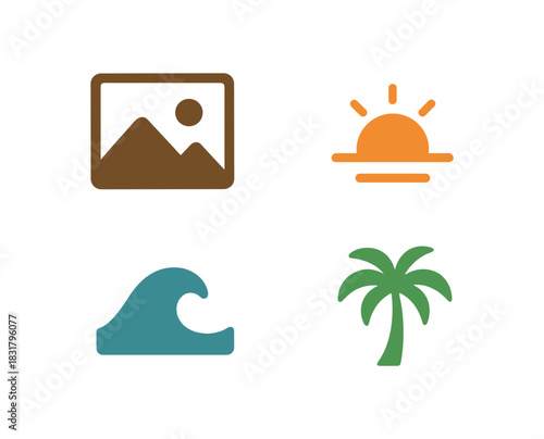 4 minimal icons photo frame colored brown sunset icon colored orange wave colored blue palm tree colored green
