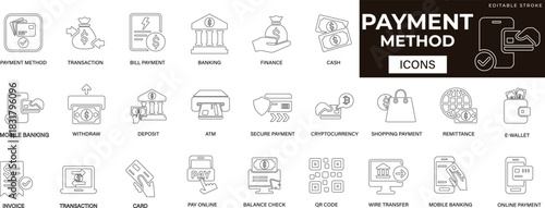 payment methods line, icon set, featuring card payment, mobile, wealth, payment, accounting, money, invoice, code, and online checkout symbols. perfect for fintech and e-commerce design