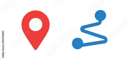 2 minimal icons location pin colored red map path colored blue