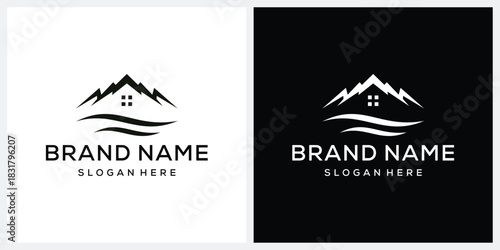 Mountain Hills Peaks Home House Construction and River logo design cector template