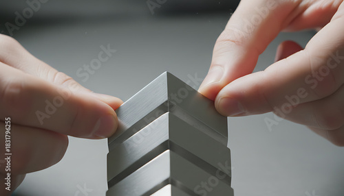 Human hands meticulously assemble a modern, multi-layered metallic architectural component with precision.