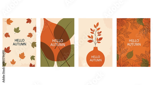 Collection of four abstract autumn greeting cards with stylized fall leaves in warm earthy tones of orange, brown, and green, featuring hello autumn text in modern minimalist design
