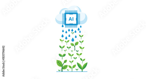 AI Cloud Raining Growth on Young Plants, Generative AI.