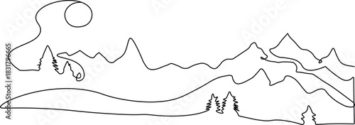 Minimalist line art drawing of natural landscape specifically a blend of mountain range and a large wave. Continuous one line drawing of natural landscape including range of mountain, trees and wave. 