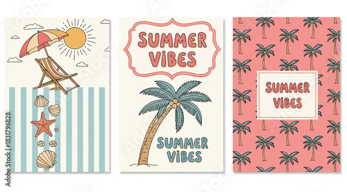 Set of three vintage style summer vibes postcard designs featuring beach elements like a sun lounger, umbrella, starfish, palm tree, and tropical pattern for vacation and holiday promotion